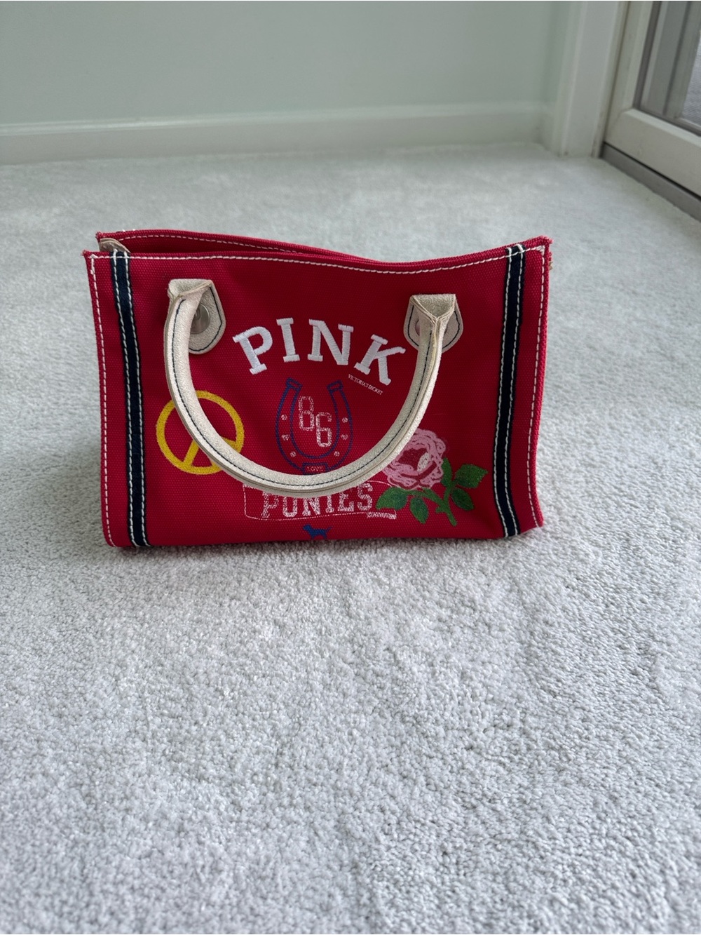 VINTAGE PINK Victoria's Secret Red Canvas Tote with Embroidered Accents